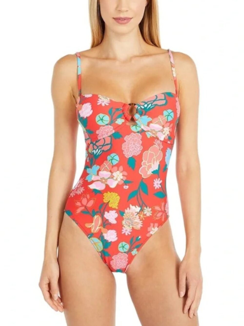 NEW J. Crew Gavotte Floral Ring Bandeau One Piece Swimsuit Red Pink Size 10